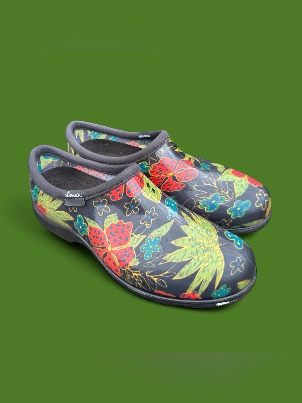 Sloggers Waterproof Garden Clogs. Black With Floral Design Size 10W
